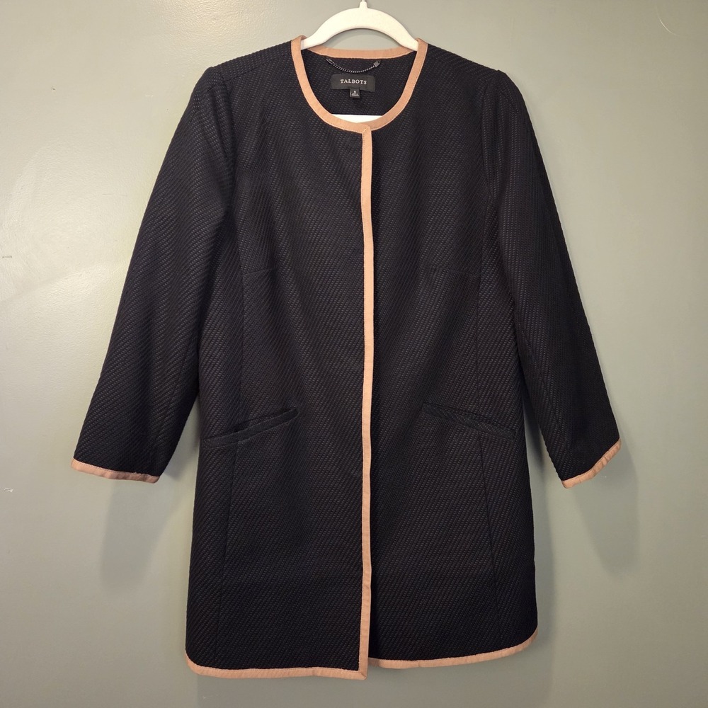Talbots Textured Jacket Contrast Trim Collarless, Women's Size 8, Black Tan